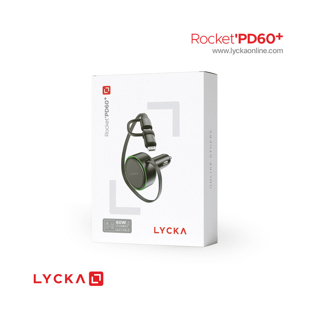 Lycka Rocket PD60+ 60W Dual (Type-C & Lighting) Fast Car Charger with Built-in 2-in-1 Cable