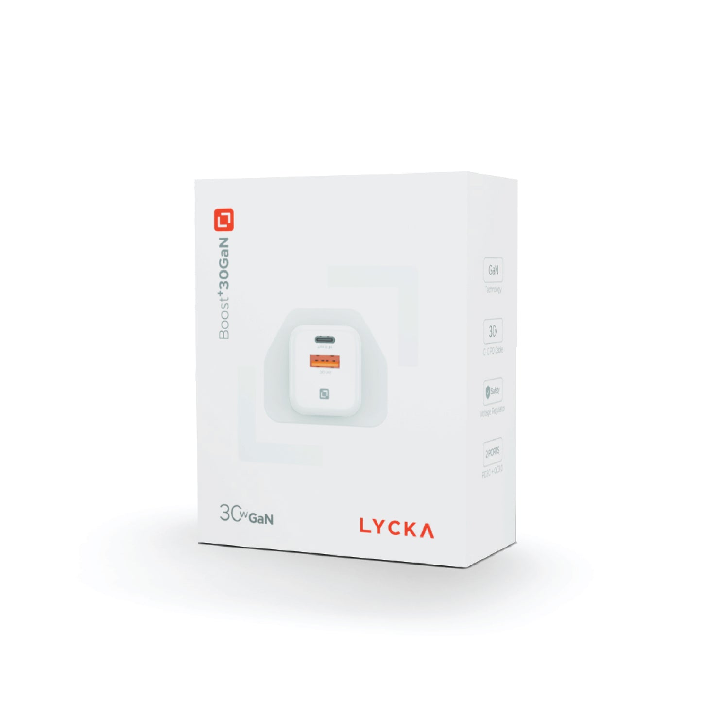 Lycka Boost 30W GaN Travel Adapter, 1 PD Type - C Port, 1 QC USB - A Port, Max 30W Output