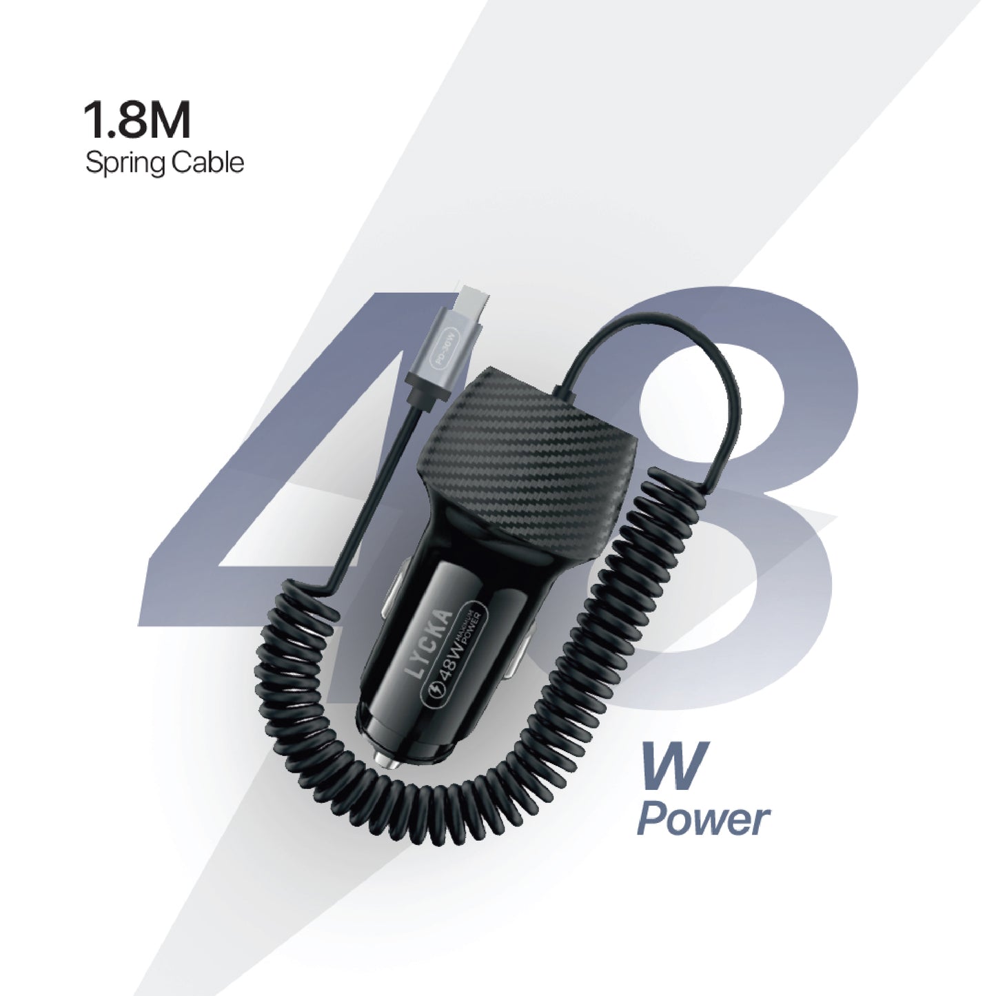 Lycka Rocket PD48 Plus Type-C Car Charger, 1.8 Meter Built-in Spiral Charging Cable, 48W Max Output