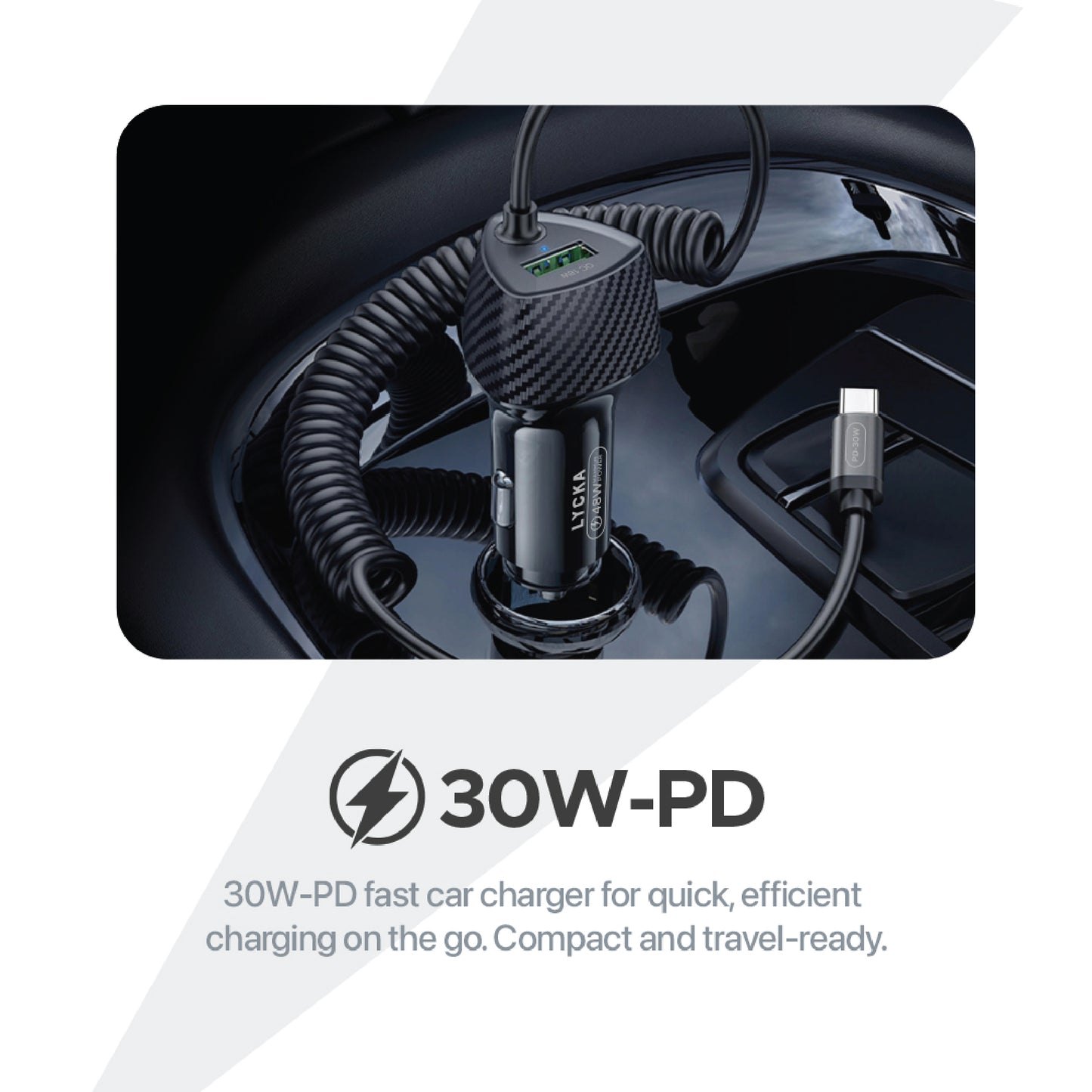 Lycka Rocket PD48 Plus Type-C Car Charger, 1.8 Meter Built-in Spiral Charging Cable, 48W Max Output