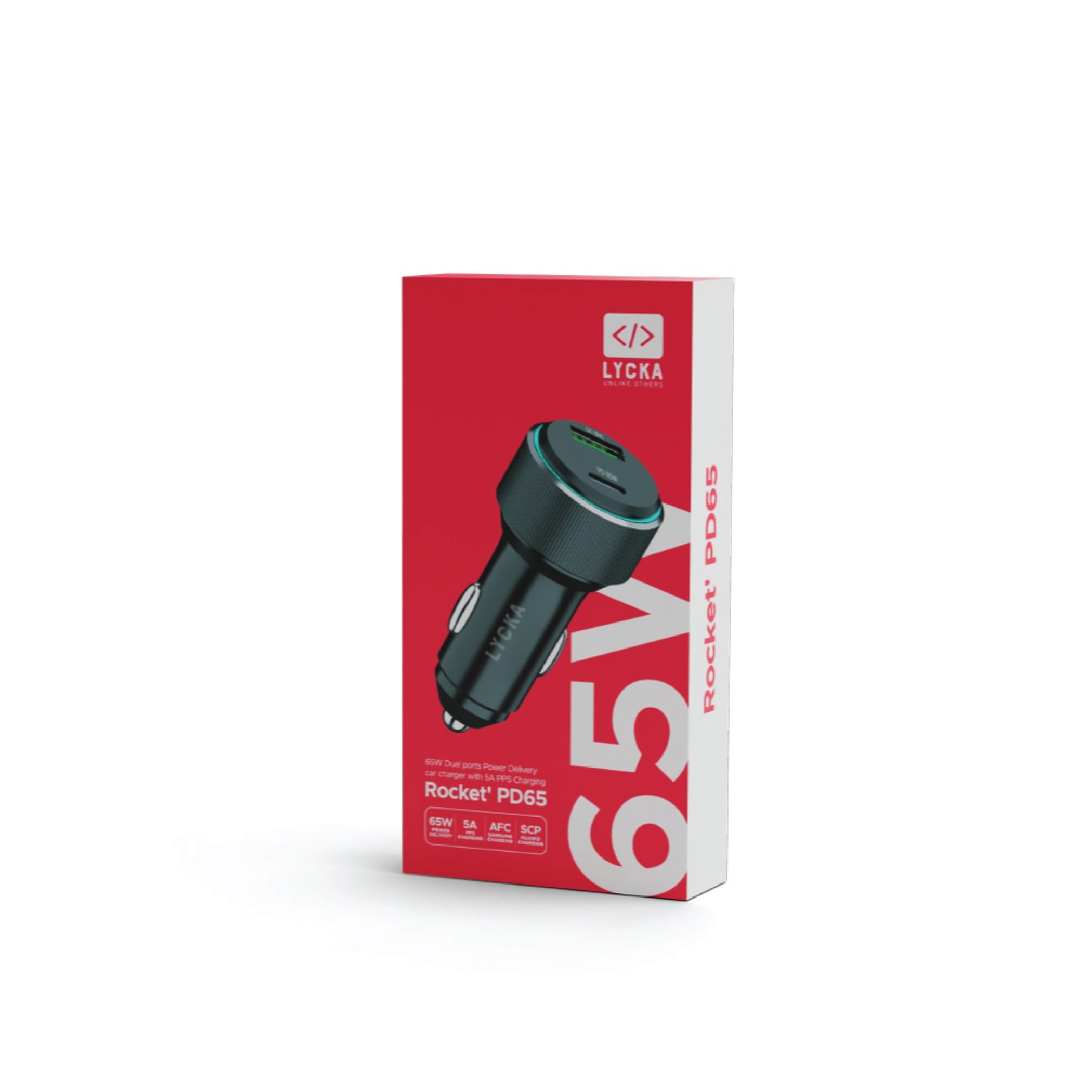 Lycka Rocket PD65W Car Adapter, Quick Charging, Dual Type-C & USB-A Ports, 65W Max Output