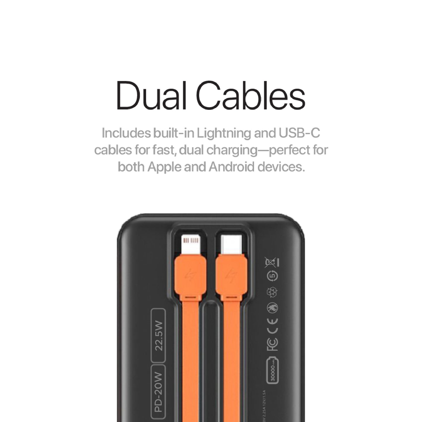 Lycka Scoop 30PD – 30,000mAh High-Capacity Power Bank with 22.5W Fast Charging, Built-in Cables & Multiple Outputs
