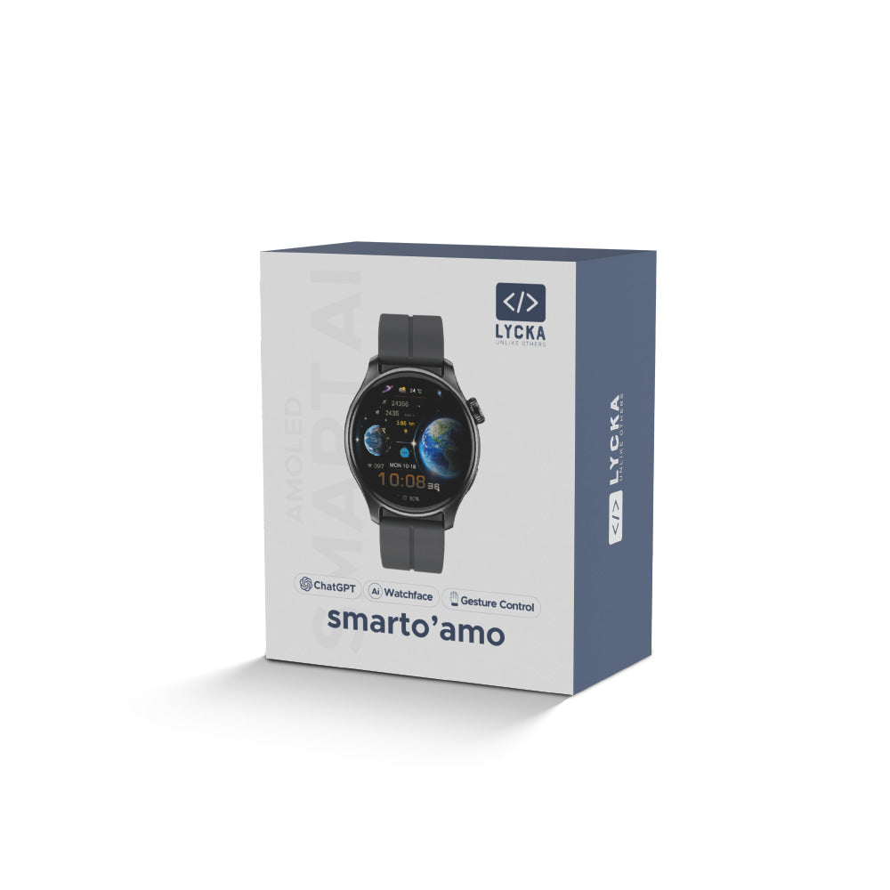 Lycka Smarto Amo – Premium AMOLED Smartwatch with IP68 Waterproofing, 1.43" Display & 1GB Flash Storage