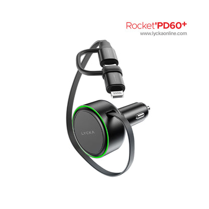 Lycka Rocket PD60+ 60W Dual (Type-C & Lighting) Fast Car Charger with Built-in 2-in-1 Cable
