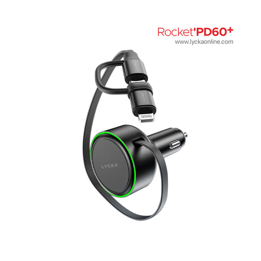 Lycka Rocket PD60+ 60W Dual (Type-C & Lighting) Fast Car Charger with Built-in 2-in-1 Cable
