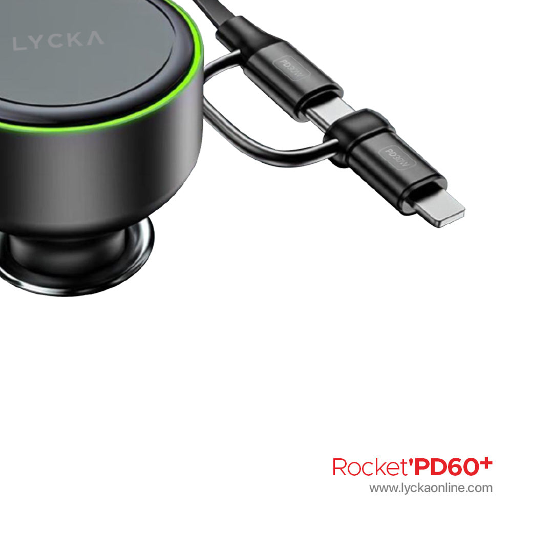 Lycka Rocket PD60+ 60W Dual (Type-C & Lighting) Fast Car Charger with Built-in 2-in-1 Cable