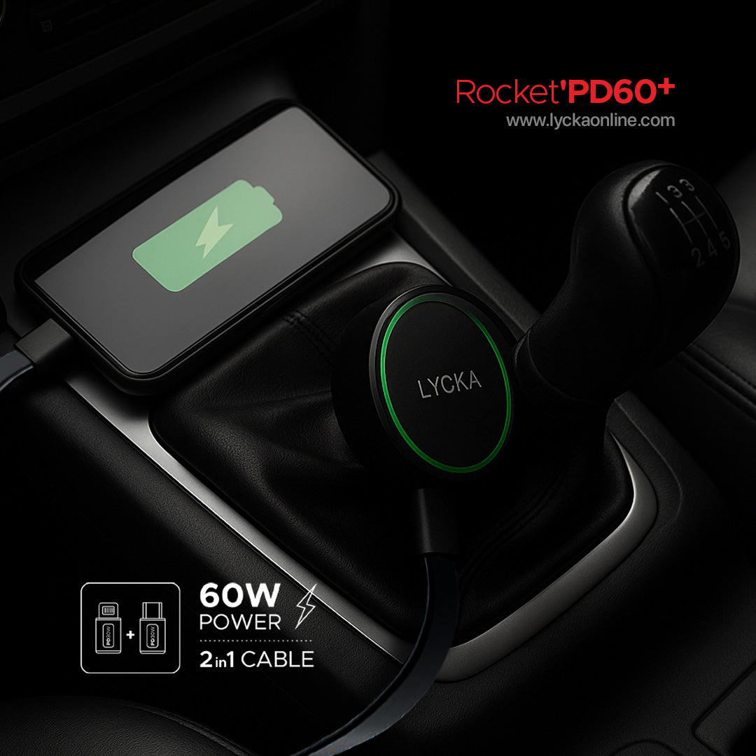 Lycka Rocket PD60+ 60W Dual (Type-C & Lighting) Fast Car Charger with Built-in 2-in-1 Cable