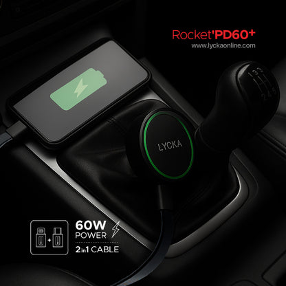Lycka Rocket PD60+ 60W Dual (Type-C & Lighting) Fast Car Charger with Built-in 2-in-1 Cable