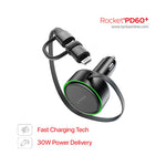 Lycka Rocket PD60+ 60W Dual (Type-C & Lighting) Fast Car Charger with Built-in 2-in-1 Cable