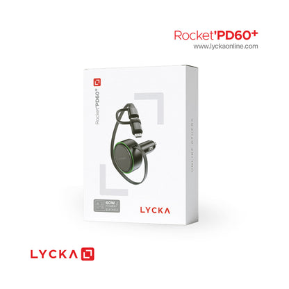 Lycka Rocket PD60+ 60W Dual (Type-C & Lighting) Fast Car Charger with Built-in 2-in-1 Cable