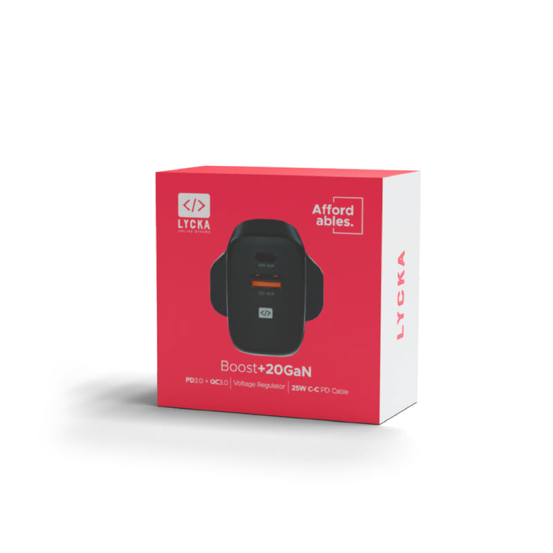 Lycka Boost +20 GaN Charger – Dual Port Fast Charger with 20W PD & QC3.0, Compact & Travel-Ready Design