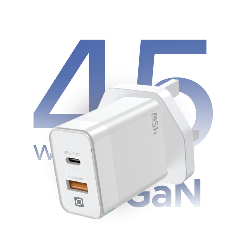 Lycka Boost 45W GaN Travel Adapter, Dual Type-C + USB A Port, Max 45W Output