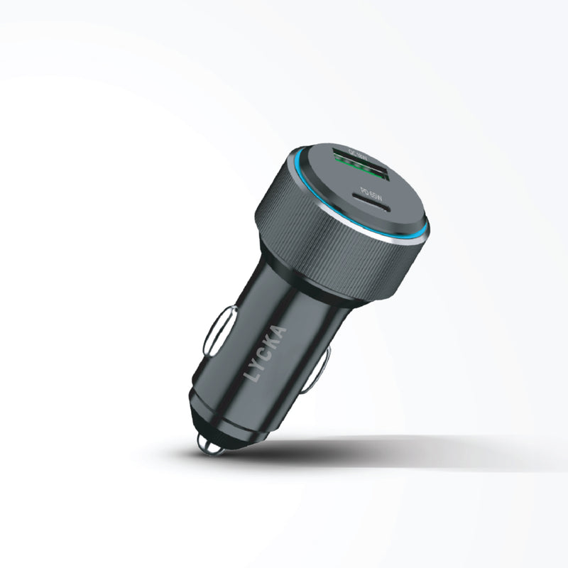 Lycka Rocket PD65W Car Adapter, Quick Charging, Dual Type-C & USB-A Ports, 65W Max Output