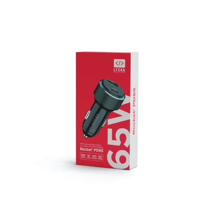 Lycka Rocket PD65W Car Adapter, Quick Charging, Dual Type-C & USB-A Ports, 65W Max Output