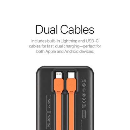 Lycka Scoop 30PD – 30,000mAh High-Capacity Power Bank with 22.5W Fast Charging, Built-in Cables & Multiple Outputs